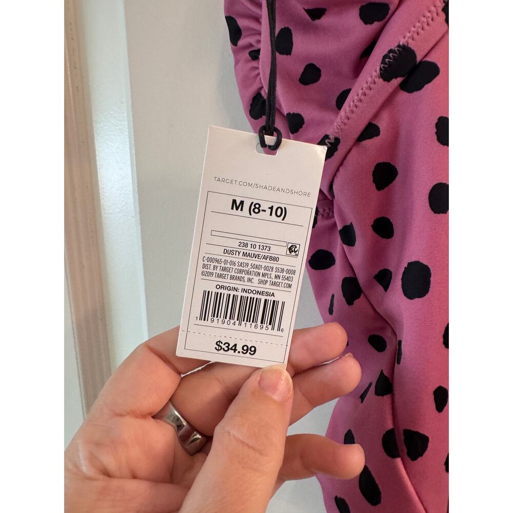 NWT Shade & Shore One Piece Swimsuit Medium 8-10 Pink Black Polka Dot Cutout - Picture 3 of 7